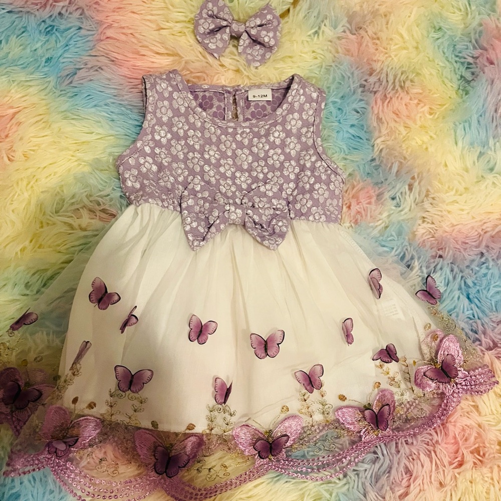 Purple and White 3D Butterfly Dress with cardigan and bow 9-12 months